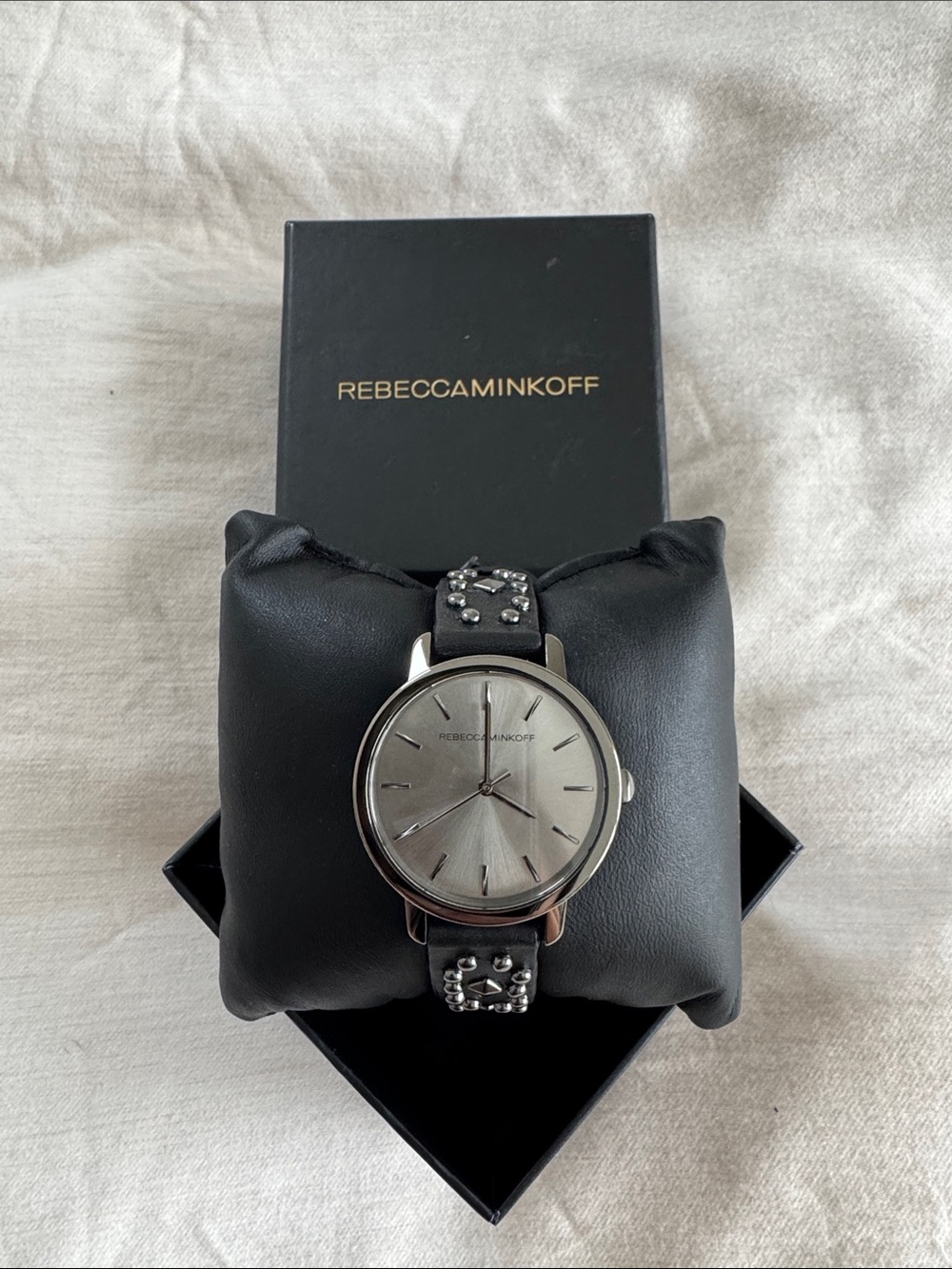 Rebecca Minkoff Silver Dial Watch with Black Studded Leather Strap